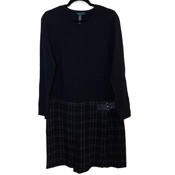 LRL Ralph Lauren Dress Large Black Plaid Preppy Wool Cashmere Blend Winter - Picture 1 of 12